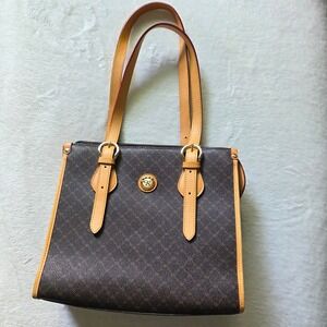 Rioni Signature Shoulder Tote Brown Monogram Leather Trim Handbag Hannah
